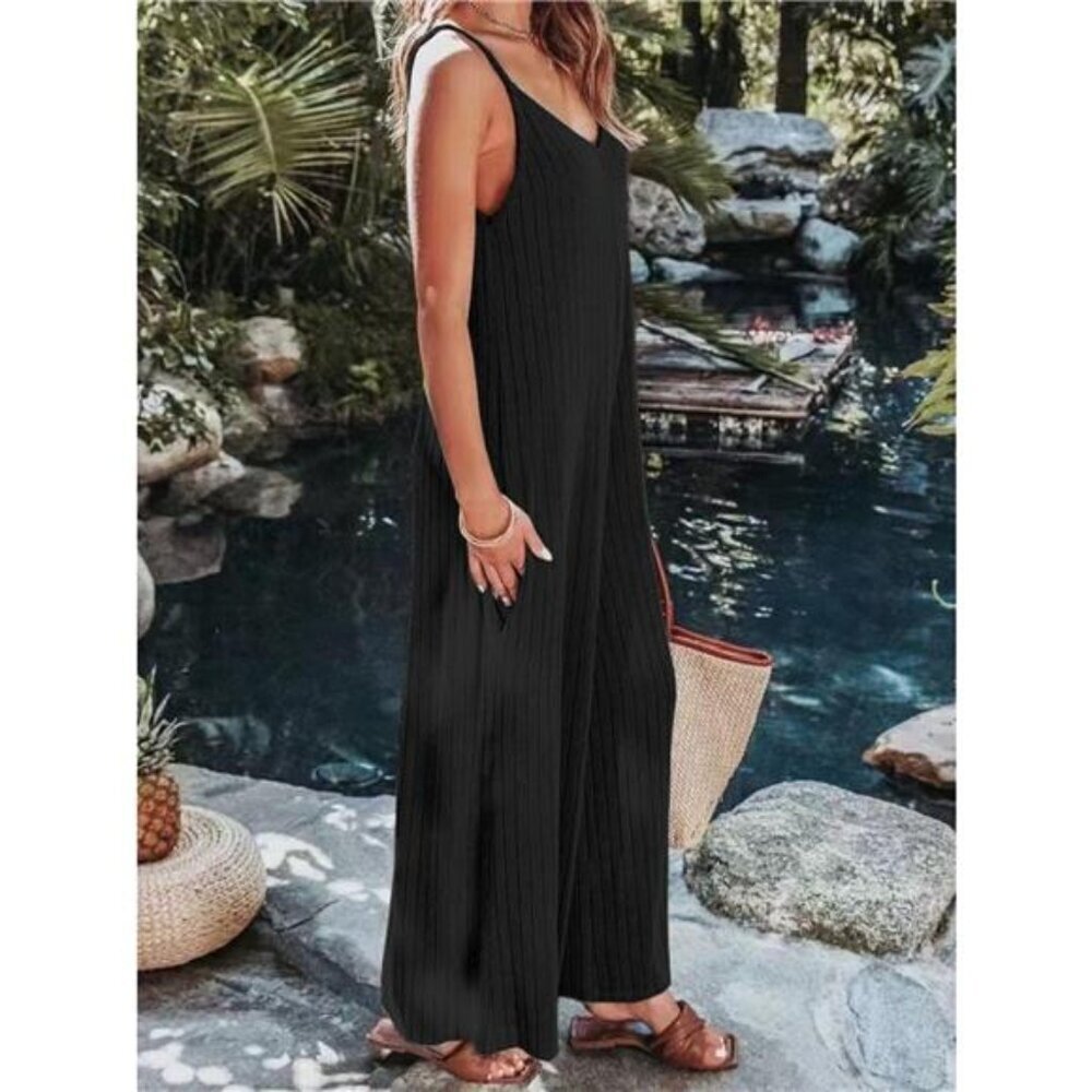 Ribbed V-Neck Wide Leg Jumpsuit